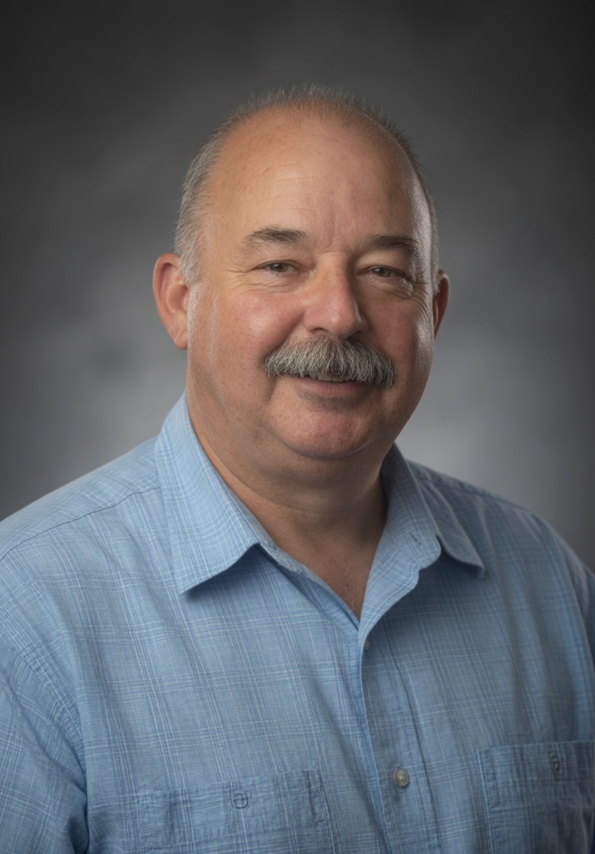 Studio portrait of Mark Thomas Firestone in a blue shirt.